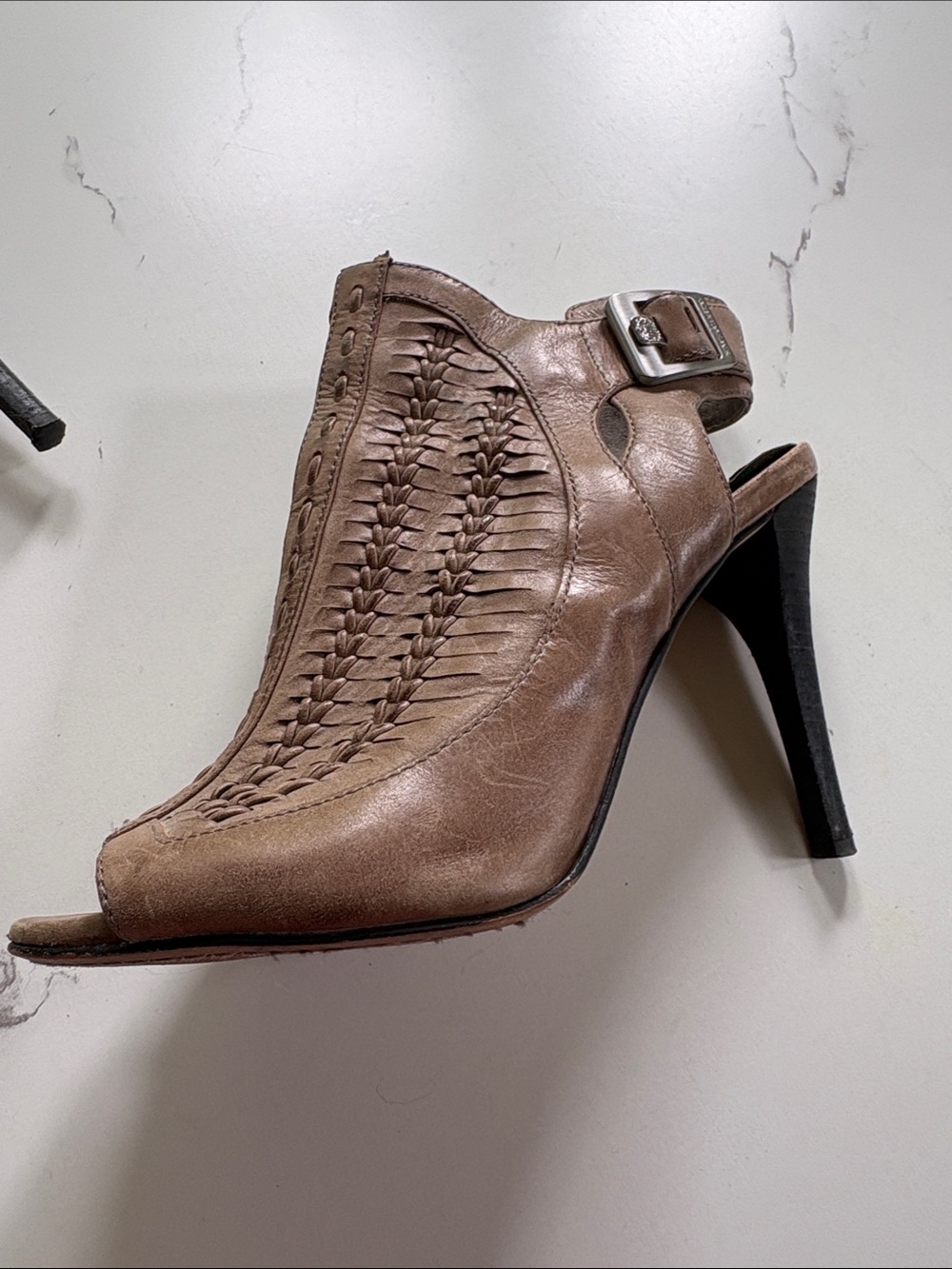 Vince Camuto soft Brown Woven Leather Open-Toe High Heel Slingback